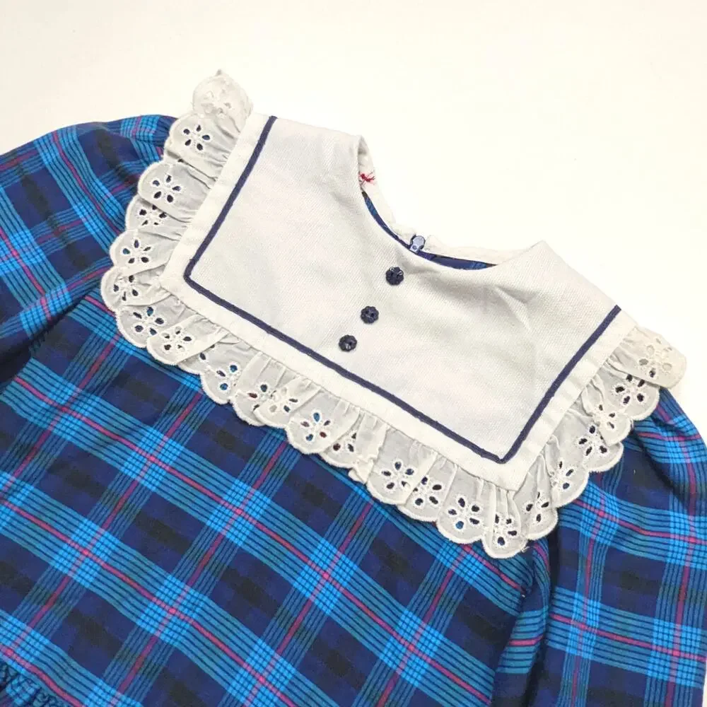 Vintage Pert N Sassy Dress Girls Size 3T Blue Plaid Square Lace Bib Drop Waist